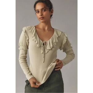 Anthropologie Long-Sleeve Ruffle Top In Green Size XS